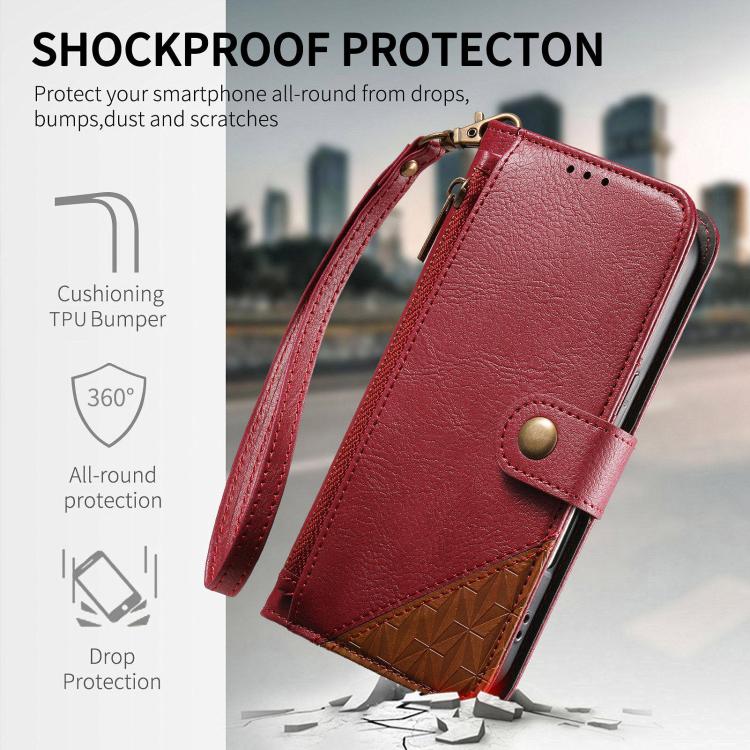 For iPhone 15 Pro Max Splicing Zipper Wallet Vegan Leather Phone Case with Strap