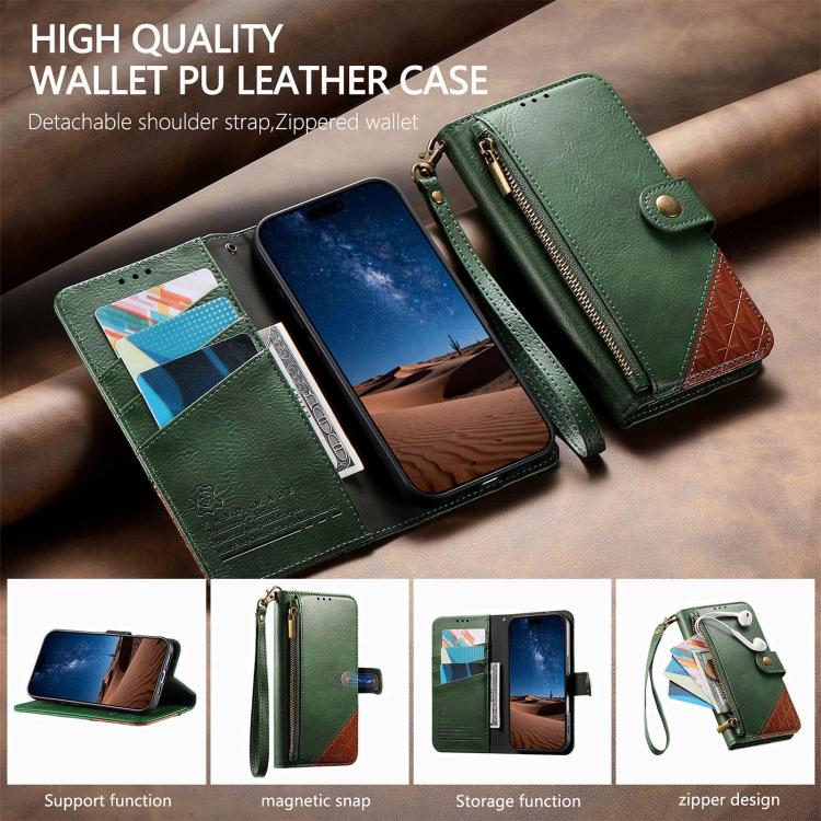 For iPhone 15 Pro Max Splicing Zipper Wallet Vegan Leather Phone Case with Strap