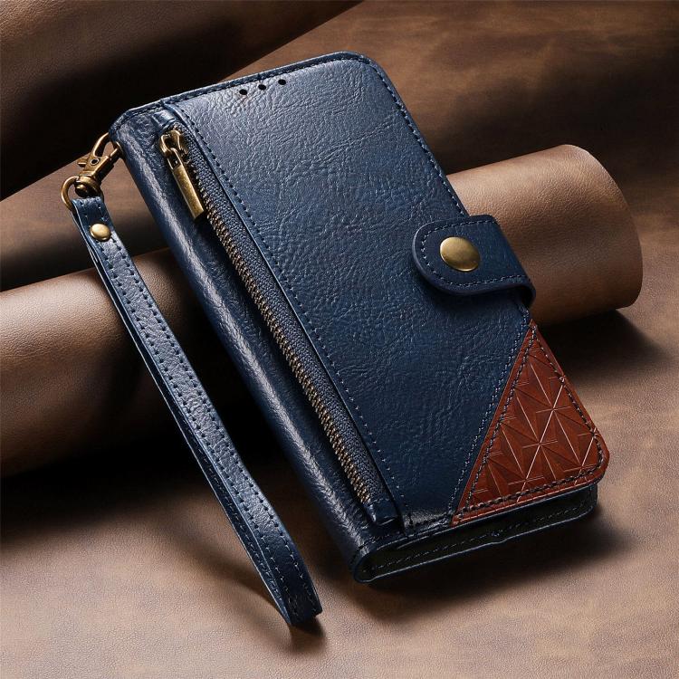 For iPhone 15 Pro Max Splicing Zipper Wallet Vegan Leather Phone Case with Strap