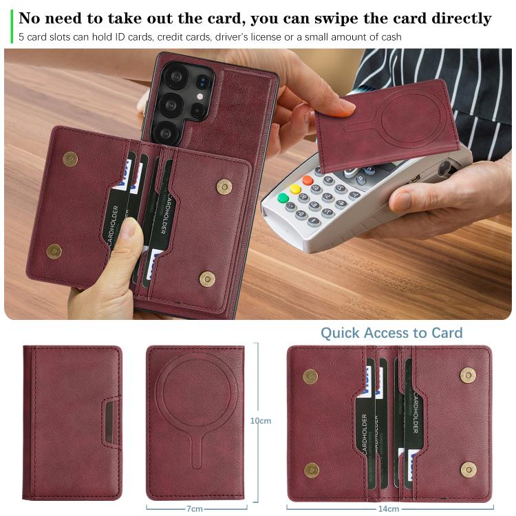 For Samsung Galaxy S22 Ultra 5G Kalebol Strong MagSafe Magnetic Two-Fold Card Bag Leather Phone Case