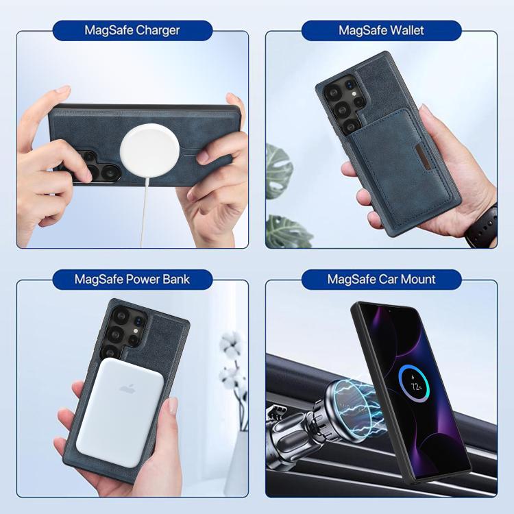 For Samsung Galaxy S22 Ultra 5G Kalebol Strong MagSafe Magnetic Two-Fold Card Bag Leather Phone Case
