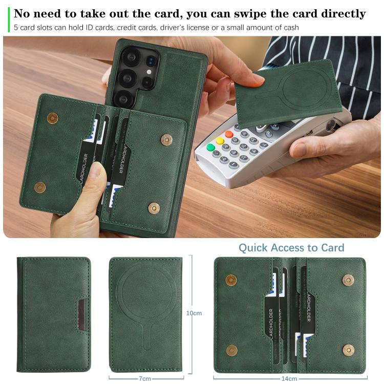 For Samsung Galaxy S22 Ultra 5G Kalebol Strong MagSafe Magnetic Two-Fold Card Bag Leather Phone Case