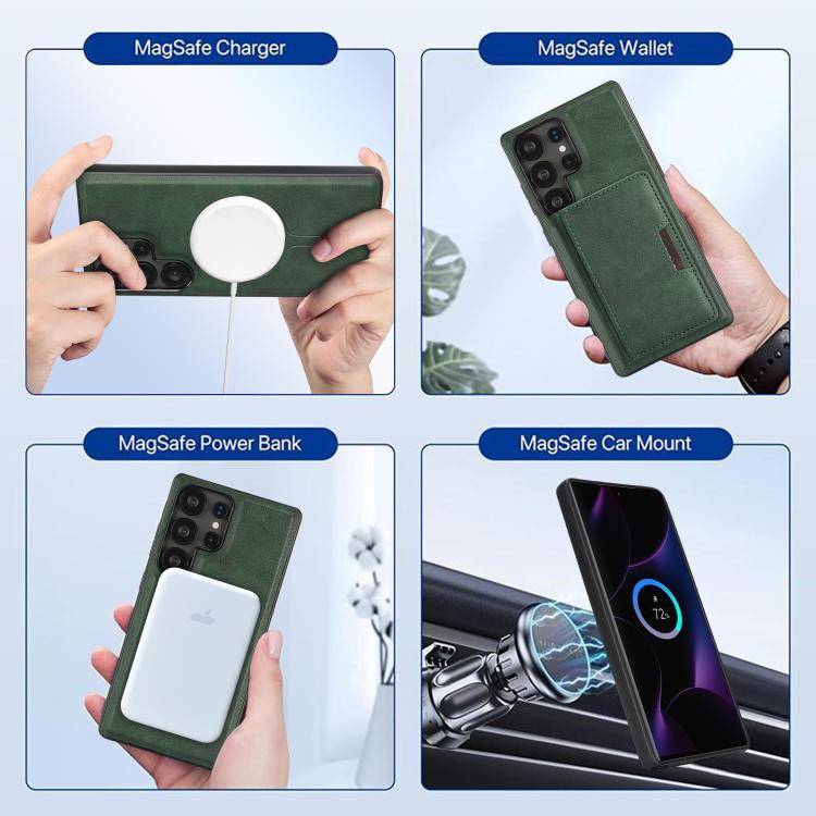 For Samsung Galaxy S22 Ultra 5G Kalebol Strong MagSafe Magnetic Two-Fold Card Bag Leather Phone Case