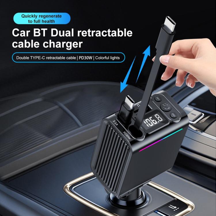 C88 With Dual Retractable Cable Bluetooth 5.3 USB Car Charger Cigarette Lighter Adapter