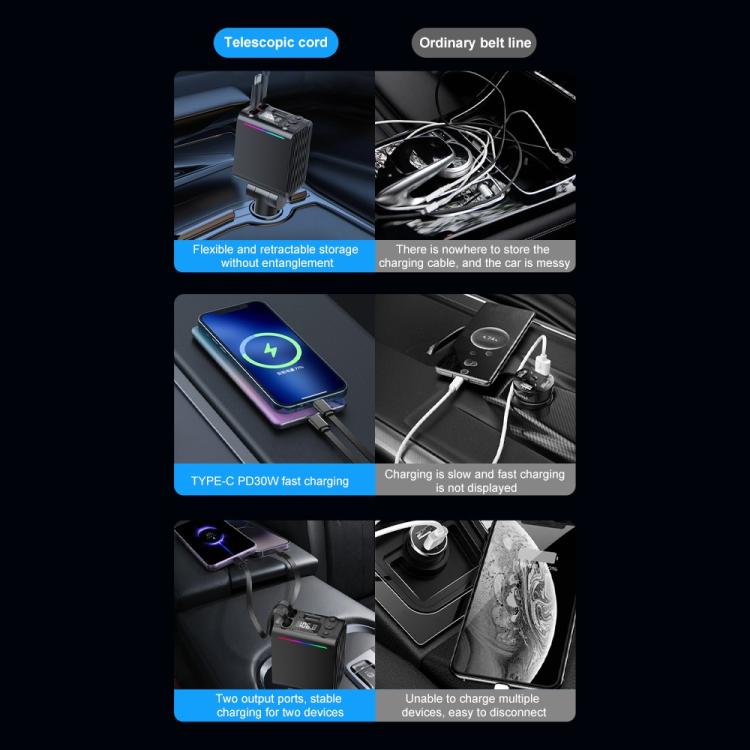C88 With Dual Retractable Cable Bluetooth 5.3 USB Car Charger Cigarette Lighter Adapter