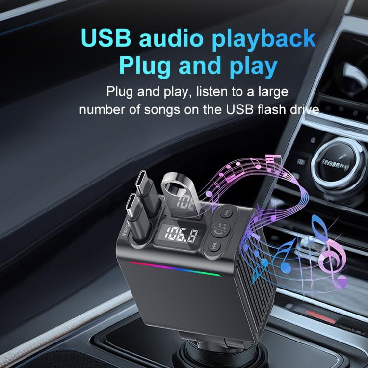 C88 With Dual Retractable Cable Bluetooth 5.3 USB Car Charger Cigarette Lighter Adapter
