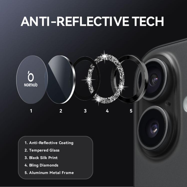 For iPhone 17 NORTHJO 1 Set Camera Lens Protector Glitter Metal Ring Film
