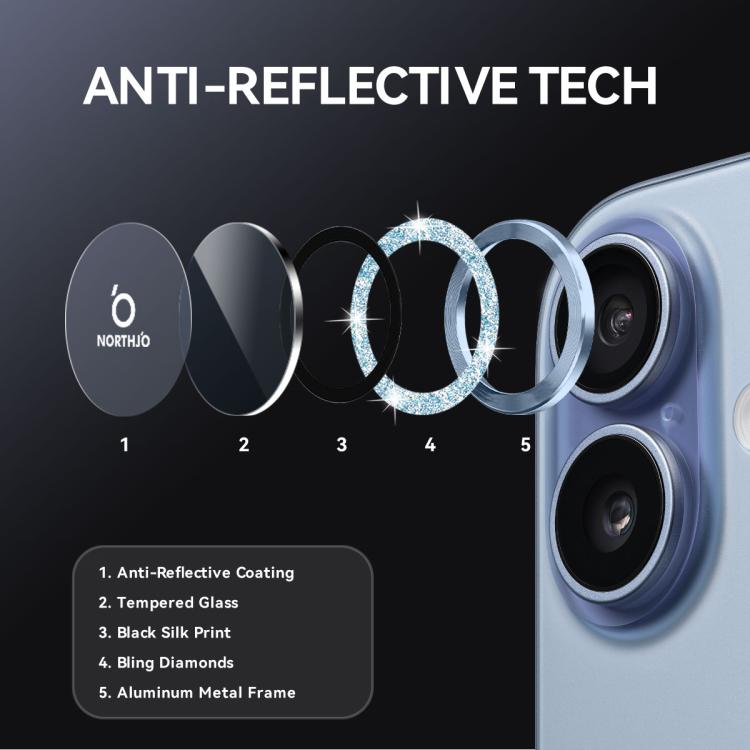 For iPhone 17 NORTHJO 1 Set Camera Lens Protector Glitter Metal Ring Film