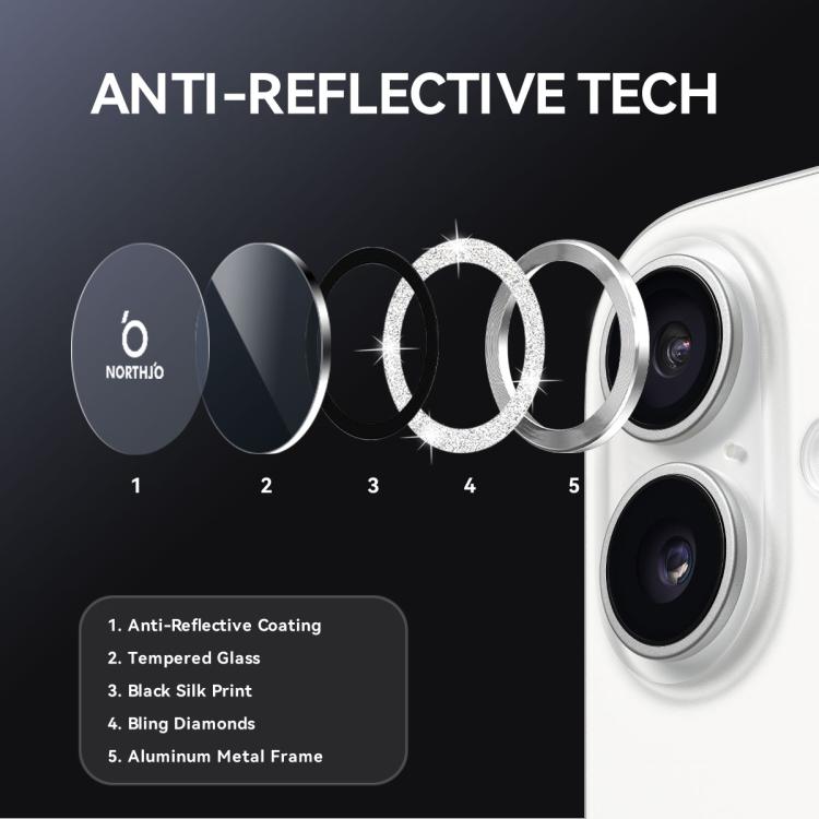 For iPhone 17 NORTHJO 1 Set Camera Lens Protector Glitter Metal Ring Film