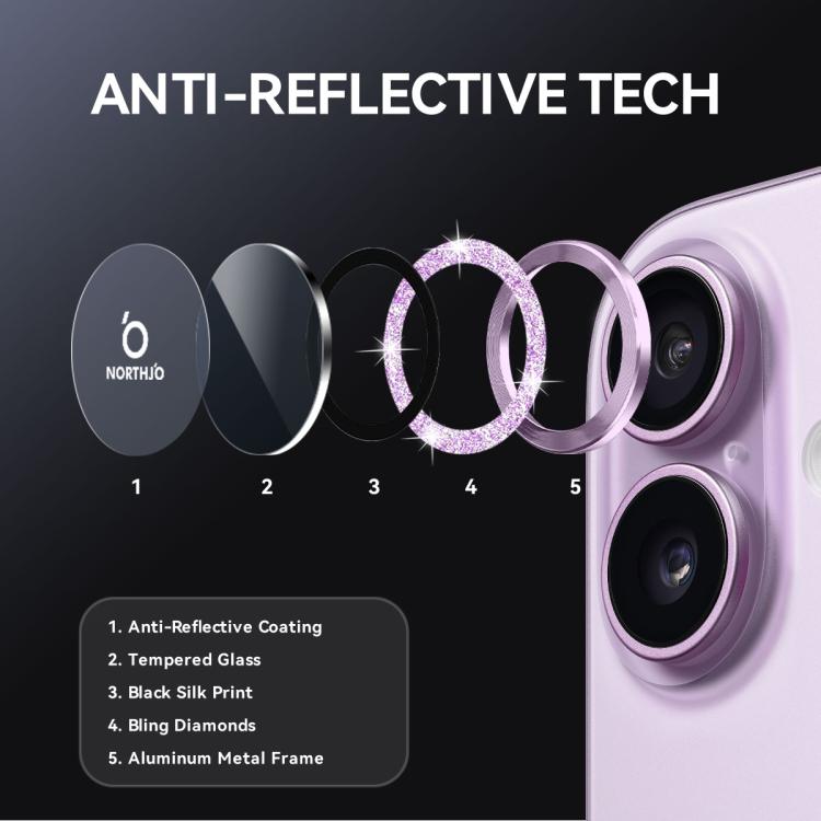 For iPhone 17 NORTHJO 1 Set Camera Lens Protector Glitter Metal Ring Film