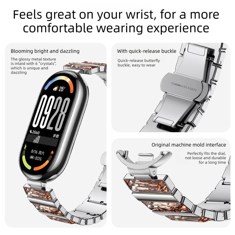 For Xiaomi Smart Band 10 / 9 / 8 Diamond Stainless Steel Metal Watch Band - Silver