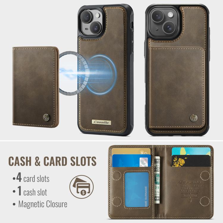 For iPhone 15 CaseMe Me80 Series Detachable Wallet Magnetic RFID Vegan Leather Phone Case