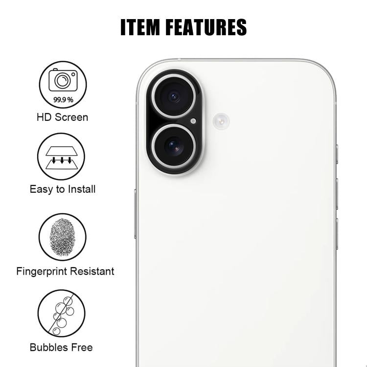 For iPhone 16 / 16 Plus Kalebol Silk-Screened HD Anti-Fingerprint AR Integrated Camera Lens Tempered Glass Film