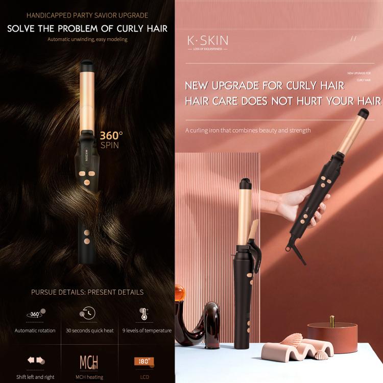 K-SKIN KD882B Automatic Rotating Hair Curler, Rapid Heating, 5-level Temperature Control, 32mm Curling Iron - UK Plug