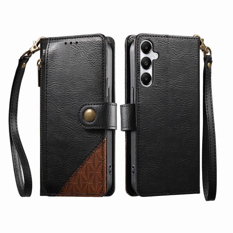 For Samsung Galaxy A25 5G Splicing Zipper Wallet Vegan Leather Phone Case with Strap