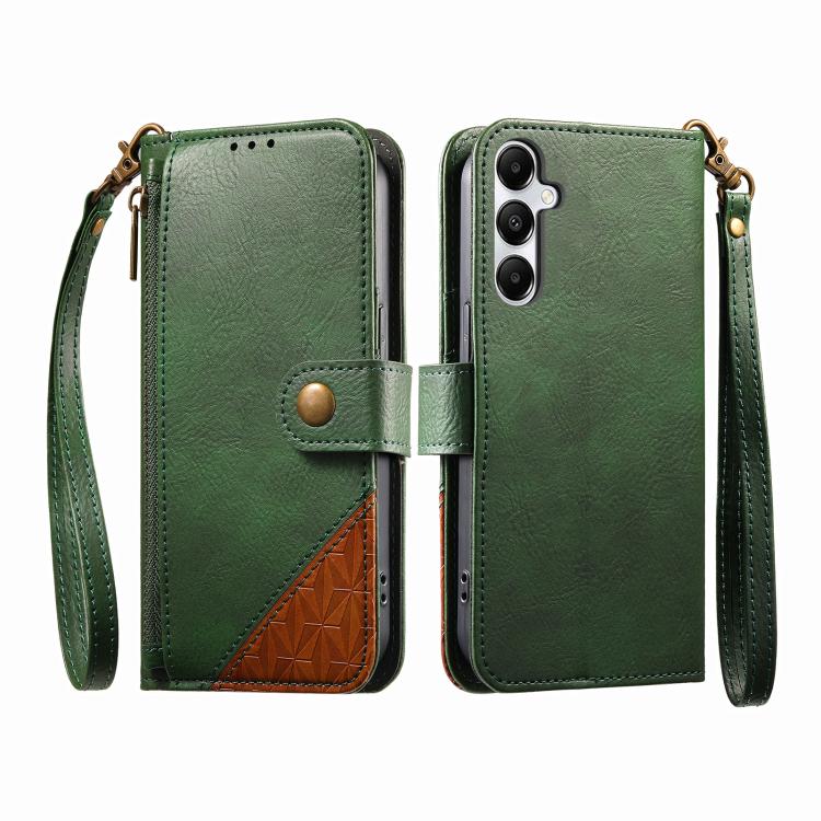 For Samsung Galaxy A25 5G Splicing Zipper Wallet Vegan Leather Phone Case with Strap