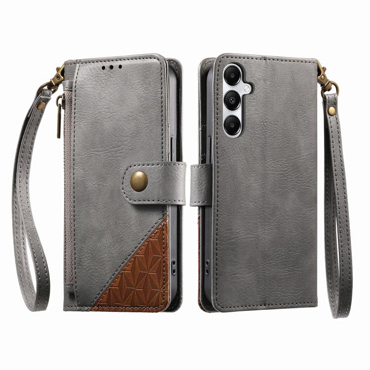 For Samsung Galaxy A25 5G Splicing Zipper Wallet Vegan Leather Phone Case with Strap