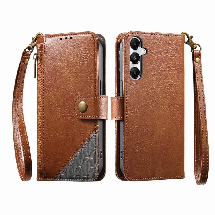 For Samsung Galaxy A25 5G Splicing Zipper Wallet Vegan Leather Phone Case with Strap