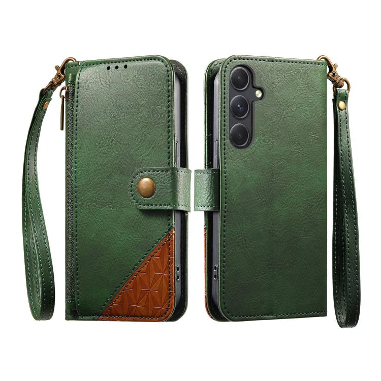 For Samsung Galaxy A35 5G Splicing Zipper Wallet Vegan Leather Phone Case with Strap