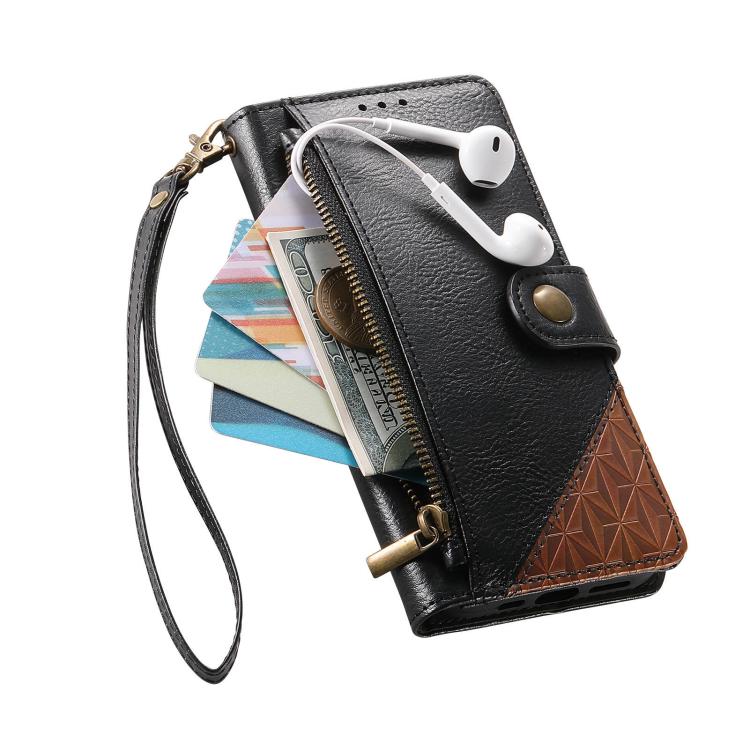 For Samsung Galaxy A55 5G Splicing Zipper Wallet Vegan Leather Phone Case with Strap
