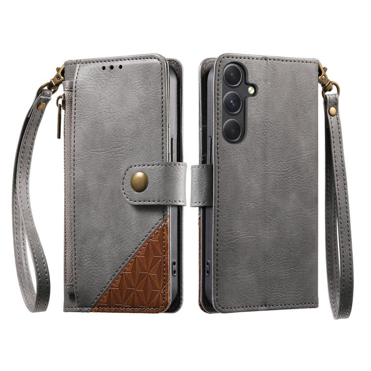 For Samsung Galaxy A55 5G Splicing Zipper Wallet Vegan Leather Phone Case with Strap