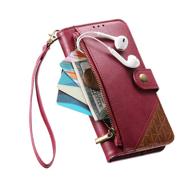 For Samsung Galaxy A16 Splicing Zipper Wallet Vegan Leather Phone Case with Strap