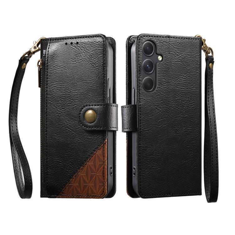 For Samsung Galaxy A16 Splicing Zipper Wallet Vegan Leather Phone Case with Strap