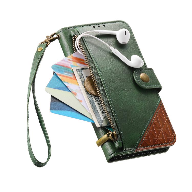 For Samsung Galaxy A16 Splicing Zipper Wallet Vegan Leather Phone Case with Strap