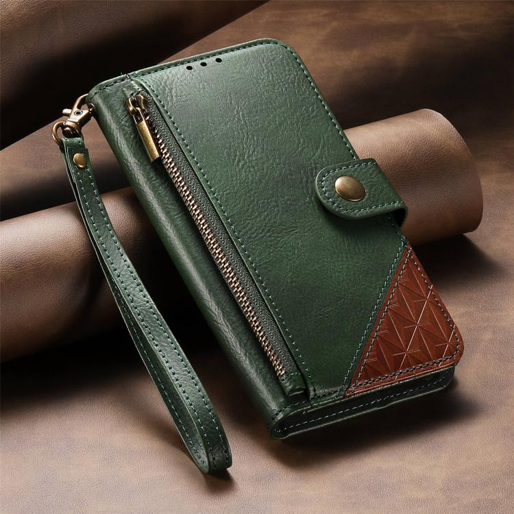 For Samsung Galaxy A16 Splicing Zipper Wallet Vegan Leather Phone Case with Strap