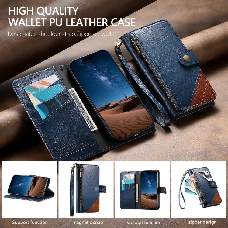 For Samsung Galaxy A16 Splicing Zipper Wallet Vegan Leather Phone Case with Strap