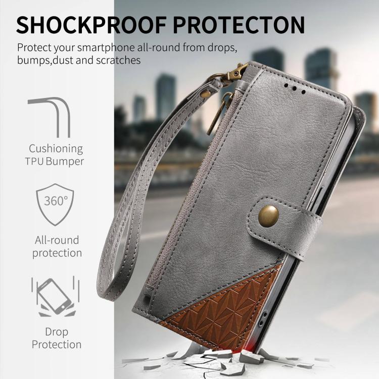 For Samsung Galaxy A16 Splicing Zipper Wallet Vegan Leather Phone Case with Strap