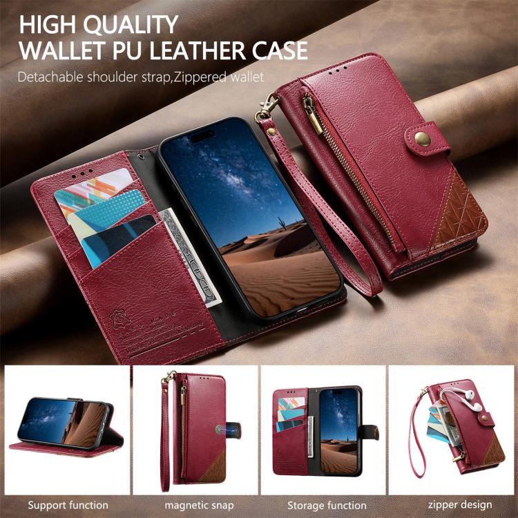 For Samsung Galaxy A17 Splicing Zipper Wallet Vegan Leather Phone Case with Strap