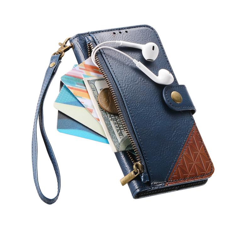 For Samsung Galaxy A17 Splicing Zipper Wallet Vegan Leather Phone Case with Strap