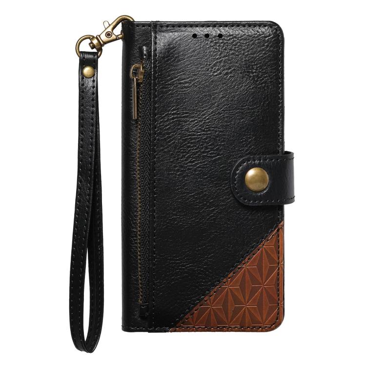For Samsung Galaxu S24+ / S25+ 5G Splicing Zipper Wallet Vegan Leather Phone Case with Strap