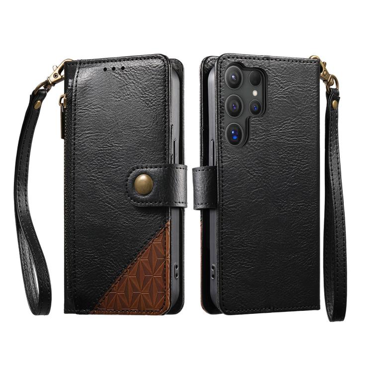 For Samsung Galaxy S24 Ultra 5G Splicing Zipper Wallet Vegan Leather Phone Case with Strap
