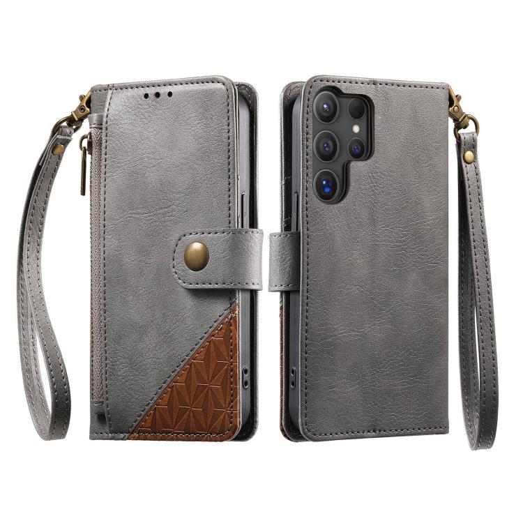 For Samsung Galaxy S25 Ultra 5G Splicing Zipper Wallet Vegan Leather Phone Case with Strap