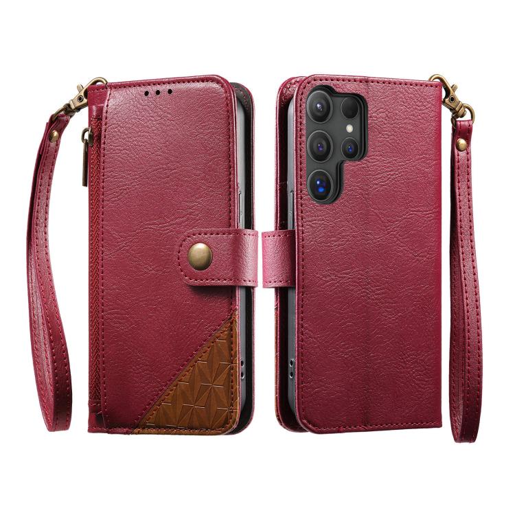 For Samsung Galaxy S22 Ultra 5G Splicing Zipper Wallet Vegan Leather Phone Case with Strap