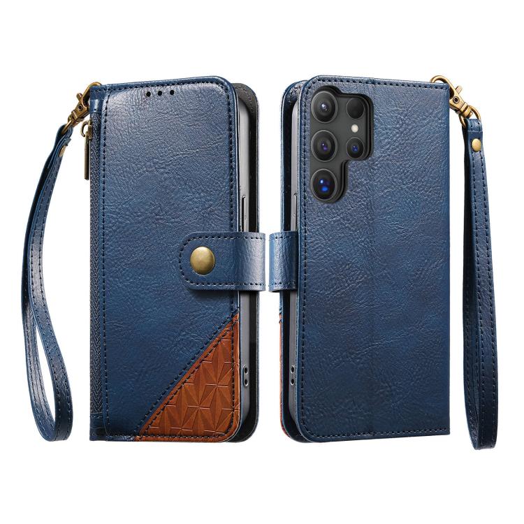 For Samsung Galaxy S22 Ultra 5G Splicing Zipper Wallet Vegan Leather Phone Case with Strap