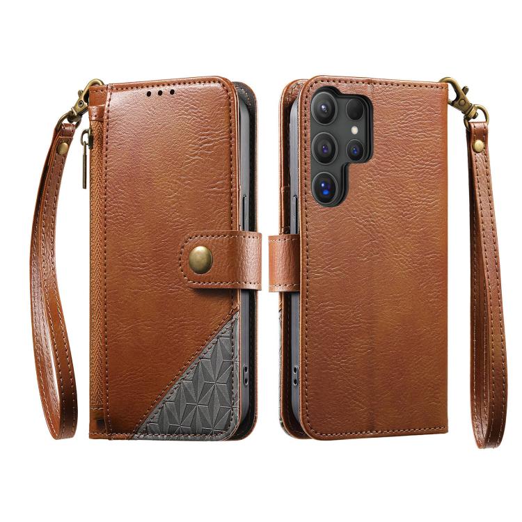 For Samsung Galaxy S22 Ultra 5G Splicing Zipper Wallet Vegan Leather Phone Case with Strap