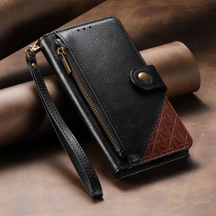 For Samsung Galaxy A13 Splicing Zipper Wallet Vegan Leather Phone Case with Strap