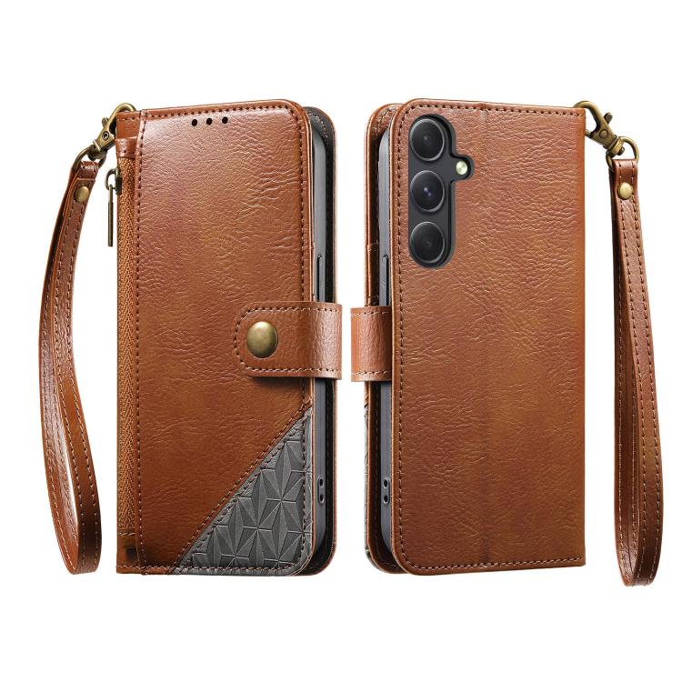 For Samsung Galaxy A13 Splicing Zipper Wallet Vegan Leather Phone Case with Strap