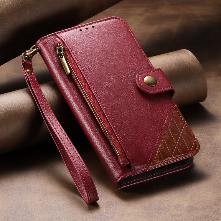 For Samsung Galaxy A14 Splicing Zipper Wallet Vegan Leather Phone Case with Strap
