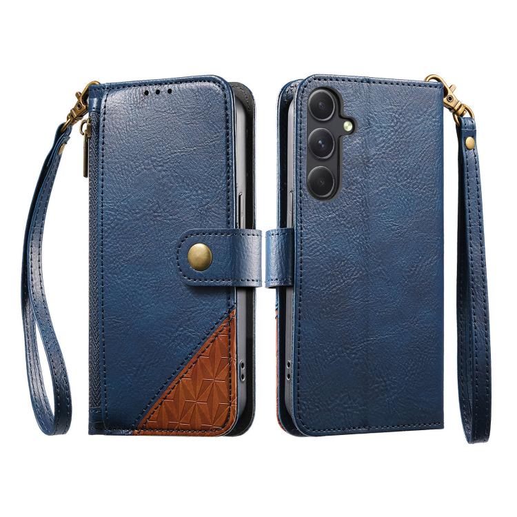 For Samsung Galaxy A14 Splicing Zipper Wallet Vegan Leather Phone Case with Strap
