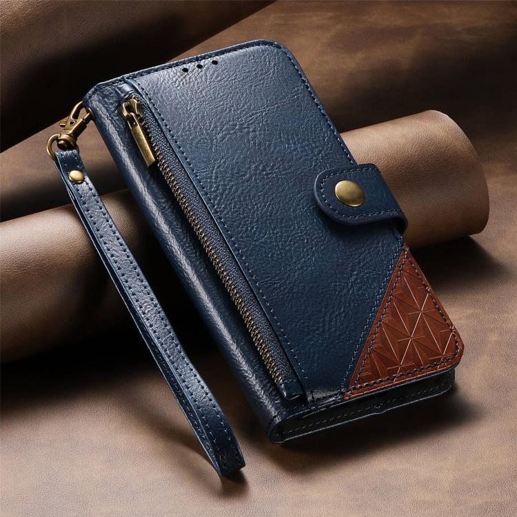 For Samsung Galaxy A14 Splicing Zipper Wallet Vegan Leather Phone Case with Strap