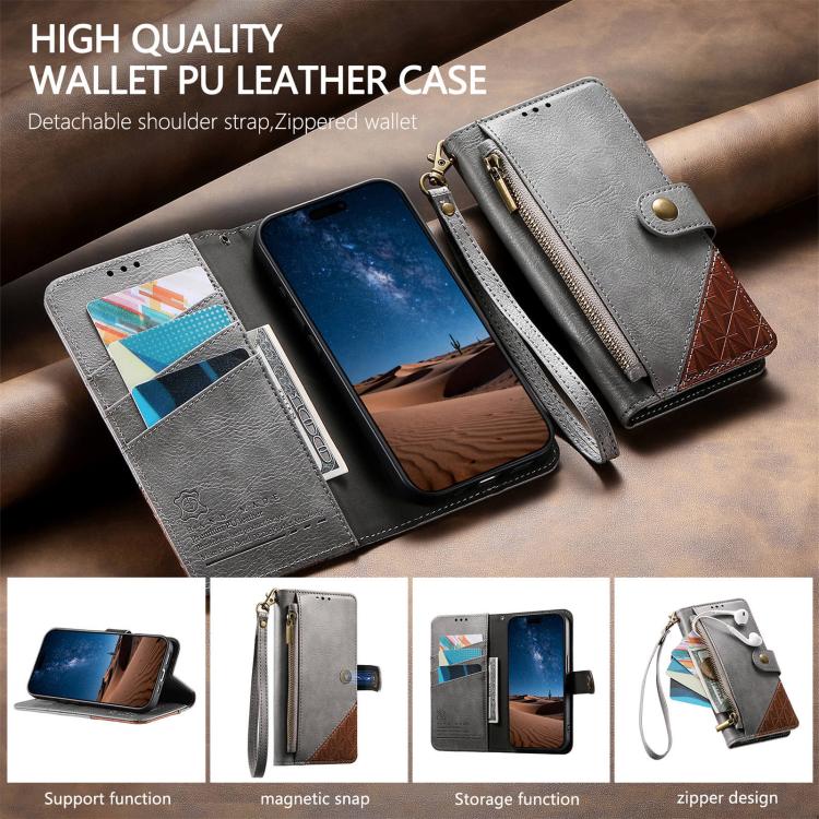 For Samsung Galaxy A14 Splicing Zipper Wallet Vegan Leather Phone Case with Strap