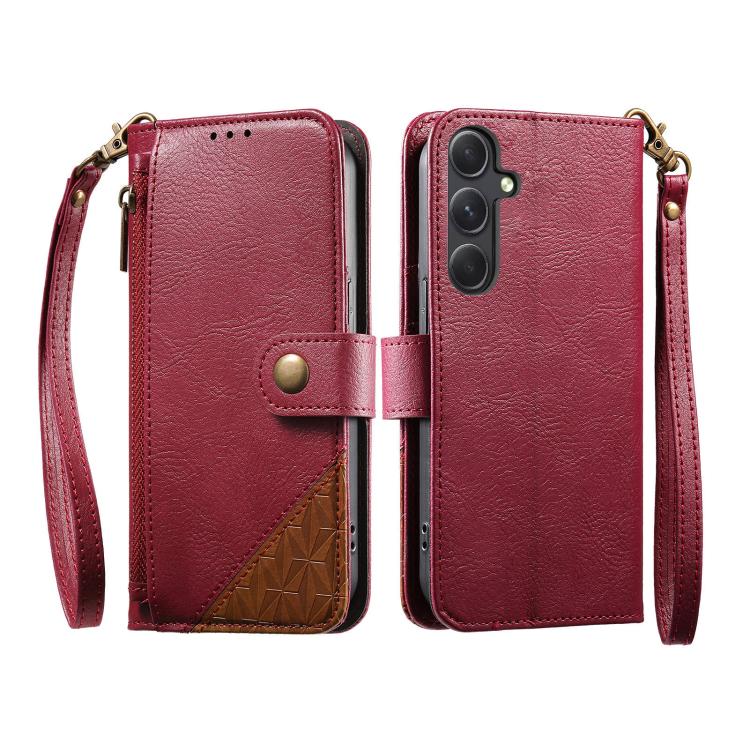 For Samsung Galaxy A57 5G Splicing Zipper Wallet Vegan Leather Phone Case with Strap