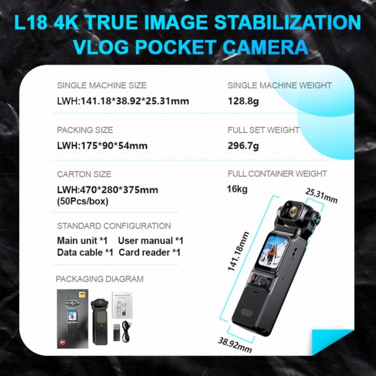 L18 Outdoor Recording Gyroscope Stabilization Camera 1.69 Inch Touch Screen 4K Wireless Action Camera