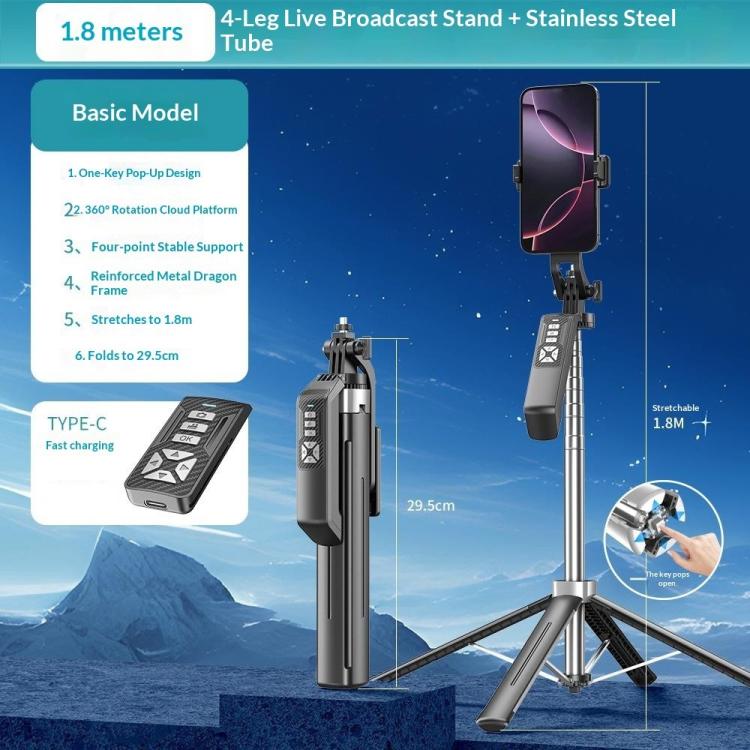 P18TK Anti-Shake Handheld Stabilizer 1.8m Extendable 4-leg Tripod Bluetooth Selfie Stick