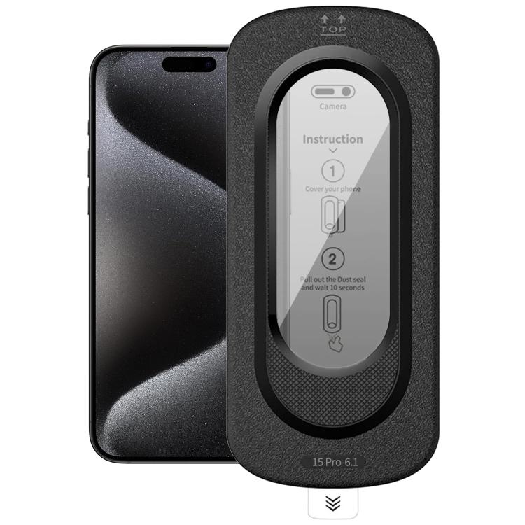 For iPhone 15 Pro Smooth Anti-Fingerprint Easy Install Dust-Free Box Privacy Tempered Glass Film