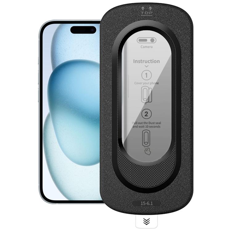 For iPhone 15 Smooth Anti-Fingerprint Easy Install Dust-Free Box Privacy Tempered Glass Film